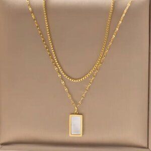 Gold-Plated Layered Necklace Set With Rectangular Pendant Stainless Steel Base